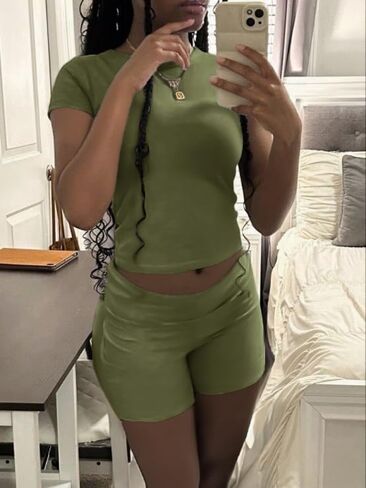 AYWA Women's Two Piece Sets Summer Slim Fitted Short Sleeve Tops Foldover Shorts Matching Lounge Sets in Saudi Arabia