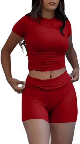 AYWA Women's Two Piece Sets Summer Slim Fitted Short Sleeve Tops Foldover Shorts Matching Lounge Sets in Saudi Arabia
