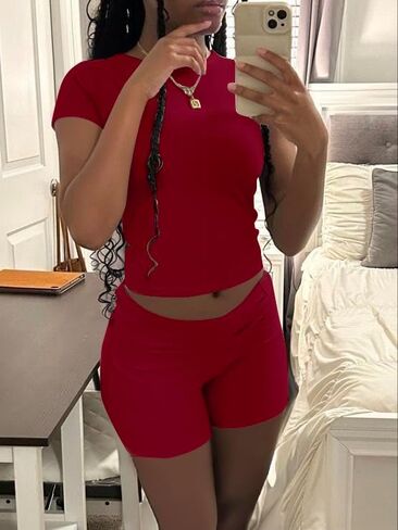 AYWA Women's Two Piece Sets Summer Slim Fitted Short Sleeve Tops Foldover Shorts Matching Lounge Sets in Saudi Arabia