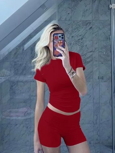 AYWA Women's Two Piece Sets Summer Slim Fitted Short Sleeve Tops Foldover Shorts Matching Lounge Sets in Saudi Arabia