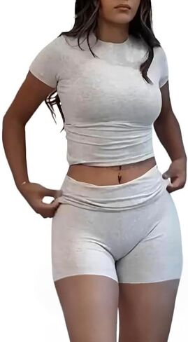 AYWA Women's Two Piece Sets Summer Slim Fitted Short Sleeve Tops Foldover Shorts Matching Lounge Sets in Saudi Arabia