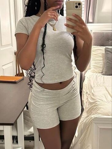 AYWA Women's Two Piece Sets Summer Slim Fitted Short Sleeve Tops Foldover Shorts Matching Lounge Sets in Saudi Arabia