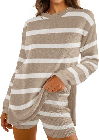ZESICA Women's Two Piece Sweater Lounge Sets 2024 Fall Casual Knit Trendy Tunic and Shorts Outfits in Saudi Arabia