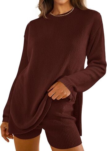ZESICA Women's Two Piece Sweater Lounge Sets 2024 Fall Casual Knit Trendy Tunic and Shorts Outfits in Saudi Arabia