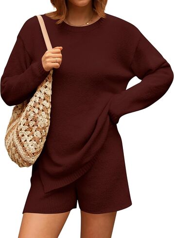 ZESICA Women's Two Piece Sweater Lounge Sets 2024 Fall Casual Knit Trendy Tunic and Shorts Outfits in Saudi Arabia