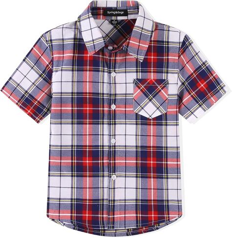 Spring&Gege Boys' Short Sleeve Button Down Shirts Casual Woven Plaid (4-12 Years) in Saudi Arabia