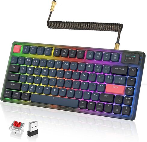 A.JAZZ AK832Pro Wireless Mechanical Gaming Keyboard 75% Low Profile Gasket with 2.4Ghz/Bluetooth 5.0/Wired Coiled Cable Screen Display RGB Backlight NKRO TKL for Win Mac Gamer (Ink Red/Blue Switch) in Saudi Arabia