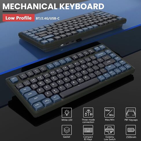 A.JAZZ AK832Pro Wireless Mechanical Gaming Keyboard 75% Low Profile Gasket with 2.4Ghz/Bluetooth 5.0/Wired Coiled Cable Screen Display RGB Backlight NKRO TKL for Win Mac Gamer (Ink Red/Blue Switch) in Saudi Arabia