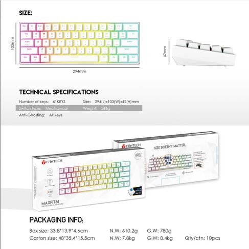 FANTECH Maxfit61 60% Mechanical Keyboard - Hot Swappable Blue Switch, White in Saudi Arabia