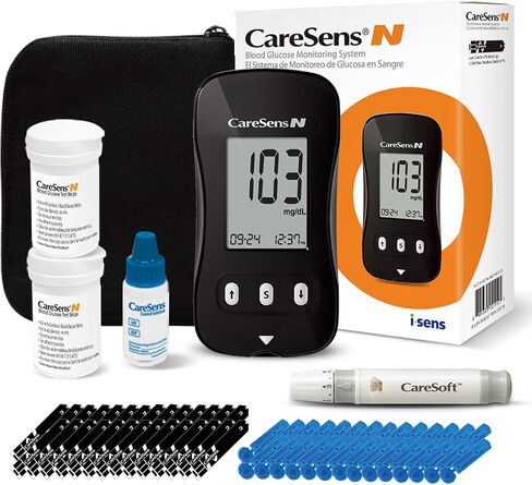 CareSens N Blood Glucose Monitor Kit with 100 Blood Sugar Test Strips, 100 Lancets, 1 Blood Glucose Meter, 1 Lancing Device, 1 Control Solution, Travel Case for Diabetes Testing in Saudi Arabia