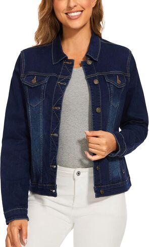 Anienaya Women's Stretchy Denim Jacket Long Sleeve Basic Trendy Button Up Trucker Jean Jackets in Saudi Arabia