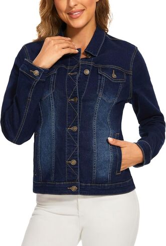Anienaya Women's Stretchy Denim Jacket Long Sleeve Basic Trendy Button Up Trucker Jean Jackets in Saudi Arabia