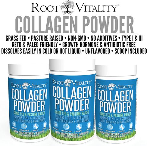 Root Vitality Collagen Peptides Powder - Grass-Fed, Pasture-Raised Hydrolyzed Protein Supplement for Skin, Hair, & Nails - Non-GMO, Zero Sugar Daily Supplement for Men & Women (30 Servings) in Saudi Arabia