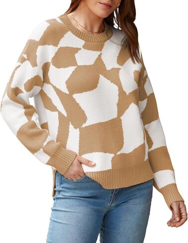 ECOWISH Women Crewneck Pullover Sweater: Fall Winter Long Sleeve Casual Ribbed Knit Side Slit Colorblock Jumper Tops in Saudi Arabia