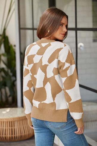 ECOWISH Women Crewneck Pullover Sweater: Fall Winter Long Sleeve Casual Ribbed Knit Side Slit Colorblock Jumper Tops in Saudi Arabia