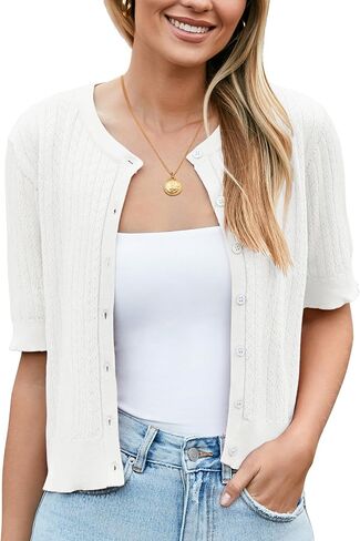 Newshows Womens Cardigan Sweaters 2024 Summer Lightweight Short Sleeve Cropped Bolero Shrug Hollow Out Button Down Knit Tops in Kuwait