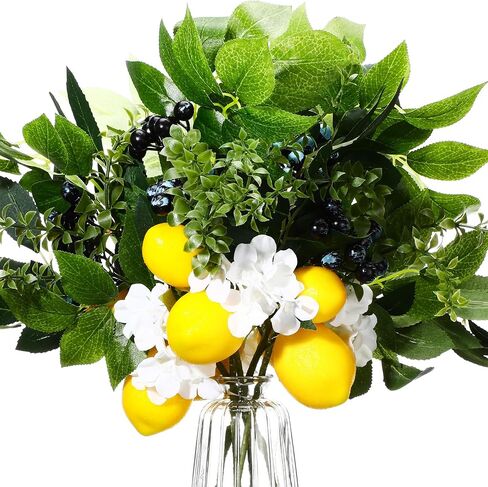 6 Packs Artificial Lemon Branches with Blueberry Green Leaves and Stem Faux Fake Yellow Lemons Fruit Summer Lemon Branches Decorations for Home Kitchen Table Party Vase Centerpiece, 14.6 Inch in Saudi Arabia
