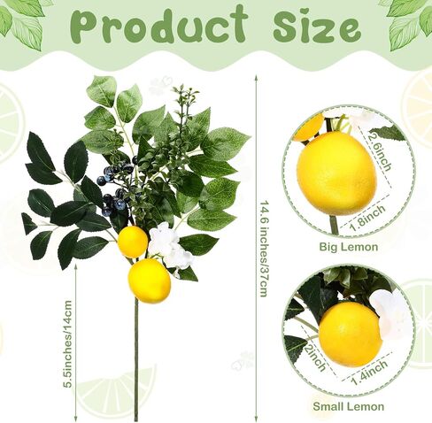 6 Packs Artificial Lemon Branches with Blueberry Green Leaves and Stem Faux Fake Yellow Lemons Fruit Summer Lemon Branches Decorations for Home Kitchen Table Party Vase Centerpiece, 14.6 Inch in Saudi Arabia