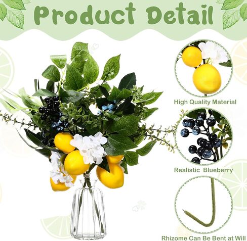 6 Packs Artificial Lemon Branches with Blueberry Green Leaves and Stem Faux Fake Yellow Lemons Fruit Summer Lemon Branches Decorations for Home Kitchen Table Party Vase Centerpiece, 14.6 Inch in Saudi Arabia