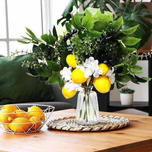 6 Packs Artificial Lemon Branches with Blueberry Green Leaves and Stem Faux Fake Yellow Lemons Fruit Summer Lemon Branches Decorations for Home Kitchen Table Party Vase Centerpiece, 14.6 Inch in Saudi Arabia