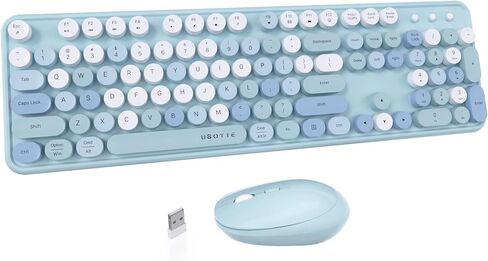 UBOTIE Colorful Wireless Keyboard and Mouse Combo (Green-White) | Retro Typewriter Floating Full-Sized Keys Computer Keyboard with Optical Mouse, 2.4GHz USB Connection for Windows Mac in Kuwait