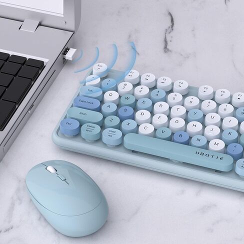 UBOTIE Colorful Wireless Keyboard and Mouse Combo (Green-White) | Retro Typewriter Floating Full-Sized Keys Computer Keyboard with Optical Mouse, 2.4GHz USB Connection for Windows Mac in Kuwait