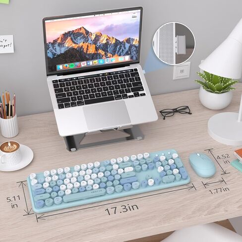 UBOTIE Colorful Wireless Keyboard and Mouse Combo (Green-White) | Retro Typewriter Floating Full-Sized Keys Computer Keyboard with Optical Mouse, 2.4GHz USB Connection for Windows Mac in Kuwait