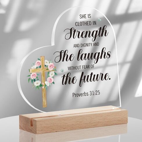 Christian Gift Christian Bible Verses Decor Positive Quotes Inspirational Gift Scripture Heart Shaped Acrylic Plaque With Wooden Base Renew Their Strength, Religious Gift for Girl Mom Sister Friends in Saudi Arabia