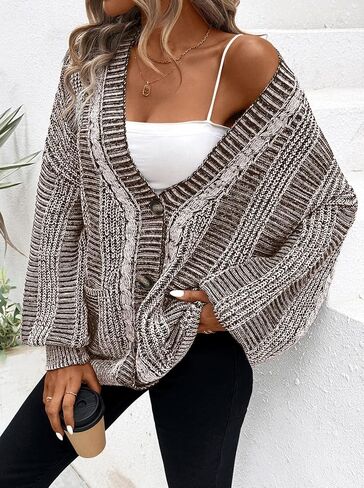 Pink Queen Women's 2024 Fall Winter Long Sleeve Cable Knit Sweater Open Front Cardigans Button Loose Outerwear in Saudi Arabia