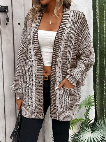 Pink Queen Women's 2024 Fall Winter Long Sleeve Cable Knit Sweater Open Front Cardigans Button Loose Outerwear in Saudi Arabia