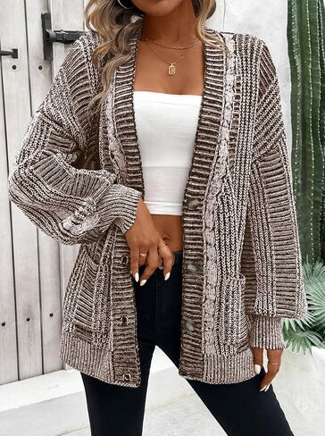 Pink Queen Women's 2024 Fall Winter Long Sleeve Cable Knit Sweater Open Front Cardigans Button Loose Outerwear in Saudi Arabia