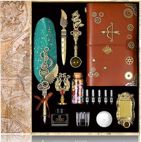 NC Quill Pen Ink Set, Includes Quill Pen, Notebook,5 Replaceable Nibs, Ink, Pen Holder, Cup, Stamp, Spoon, Wax Beads, White Wax,Envelopes and Letter Paper Etc.Beautiful Gift Calligraphy Set.(Purple) in Saudi Arabia