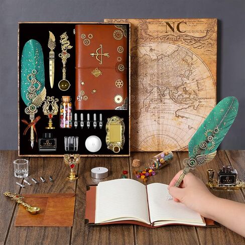 NC Quill Pen Ink Set, Includes Quill Pen, Notebook,5 Replaceable Nibs, Ink, Pen Holder, Cup, Stamp, Spoon, Wax Beads, White Wax,Envelopes and Letter Paper Etc.Beautiful Gift Calligraphy Set.(Purple) in Saudi Arabia