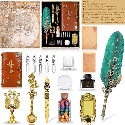NC Quill Pen Ink Set, Includes Quill Pen, Notebook,5 Replaceable Nibs, Ink, Pen Holder, Cup, Stamp, Spoon, Wax Beads, White Wax,Envelopes and Letter Paper Etc.Beautiful Gift Calligraphy Set.(Purple) in Saudi Arabia