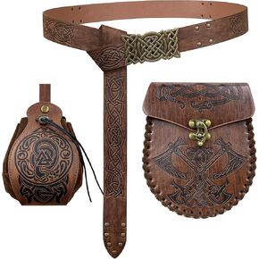 3PCs Medieval Embossed Belt Pouch Set, Viking Buckle Belt Portable Side Bag, Faux Leather Cosplay Accessories (Brown A)