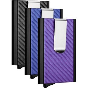 MOSIYEEF 3 Pack Pop Up Stealth Wallets with Money Clip - Black Purple and Blue