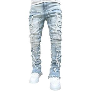 Men's Stretched Ripped Distressed Destroyed Straight Fit Washed Denim Pants Regular Fit Stacked Patch Jeans