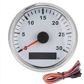 Boat Tachometer 85mm/3.3in Boat Tachometer Sensor IP67 Waterproof Tacho Gauge 12V/24V Red Light with LCD Display Service Hour Meter 3000 RPM(Silver Frame White Dial)