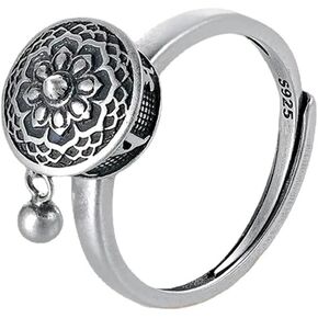 Tiny Bead Ball Dangling Stackable Ring for Women Teen Girls Round Ball Dangle Drop Carved Flowers Open Adjustable Rotation Stress Relief Thin Finger Band Ethnic Faith Amulet Silver Plated Rings