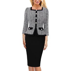 VFSHOW Womens Square Neck Buttons Peplum Cocktail Party Work Office Business Bodycon Pencil Dress