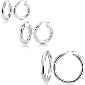 Hoops & Loops Set of 3 Sterling Silver 5mm Polished Round Hoop Earrings, 20mm, 30mm, 35mm in Kuwait