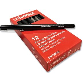 Universal One Roller Ball Porous Tip Stick Pen, Black Ink, Medium, Dozen