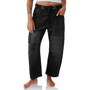 PLNOTME Womens Baggy Barrel Horseshoe Jeans Wide Leg Patchwork Low Rise Denim Pants with Pockets