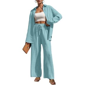 2 Piece Outfits for Women Casual Lounge Sets Long Sleeve Button Down Shirts and Wide Leg Pants Sets Tracksuit