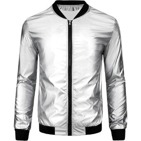 Lars Amadeus Holographic Baseball Jacket for Men's Zipper Disco Bomber Metallic Jacket