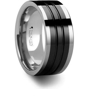 Mens Comfort Fit wedding Band - Pipe Cut Grooved Tungsten Ring - Ceramic Inlay - 6mm 8mm 10mm Wide - Style name: EDINBURGH