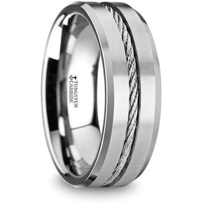 LANNISTER Men's Tungsten Flat Wedding Band Ring with Center Steel Wire Cable Inlay Beveled Edges 8mm Wide