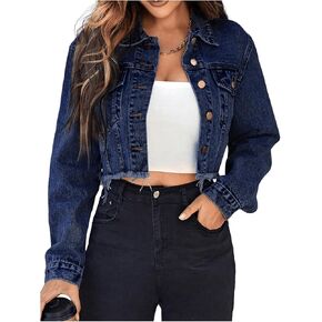 Floerns Women's Raw Hem Long Sleeve Button Down Pocket Cropped Denim Jean Jacket