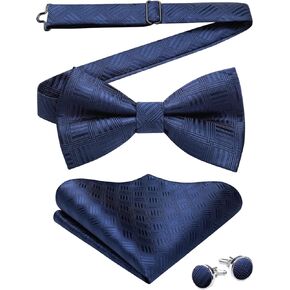 HISDERN Bow Ties for Men Pre-Tied Bow Tie Set Handkerchief & Cufflinks Plaid Classic Formal Bowtie for Party Wedding