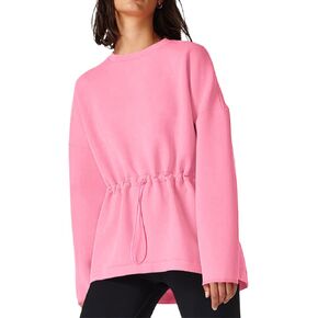 Fisoew Womens Long Sleeve Sweatshirt Drawstring Waist Crewneck Loose Casual Pullover Tops